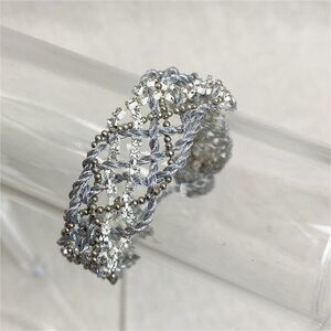 Silver metallic thread woven rhinestones wrap bracelet